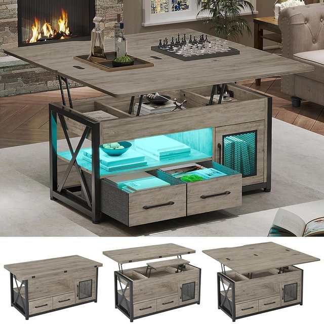 Itaar 40" Lift Top Coffee Table, 4 in 1 Coffee Tables with Storage Cabinet for Living Room, Small Farmhouse Coffee Table with 2 Fabric Drawers & LED Light for Dining Room, Grey