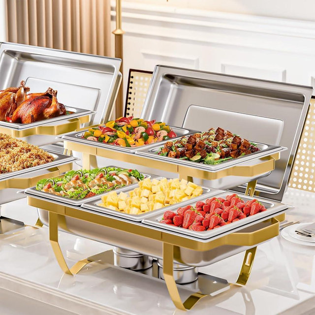 IMACONE 4 Pack Chafing Dish Buffet Set, 8QT Stainless Steel Rectangular Gold Frame Chafers and Buffet Warmer Sets 7 Pans Rolled-Edge Design for Catering Event Party Holiday