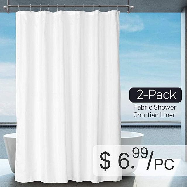 Barossa Design 2-Pack Fabric Shower Curtain/Liner - Hotel Quality, Washable & Water Repellent, 12 Button Holes - 70" W x 72" H, White