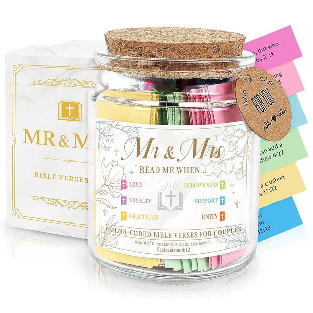 Mr and Mrs Gifts Bible Verse Jar, Wedding Gifts for Couple, Prayer Jar with 150 Scripture Cards - Bridal Shower Bride Gift for Married Newlywed, Christian Inspirational Gift