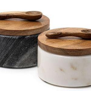 Cork & Mill Marble Salt and Pepper Bowls - Set of 2 Handcrafted White/Grey Solid Marble Salt and Pepper Cellars with Lids and Spoons - Elegant Containers for Countertop or Table
