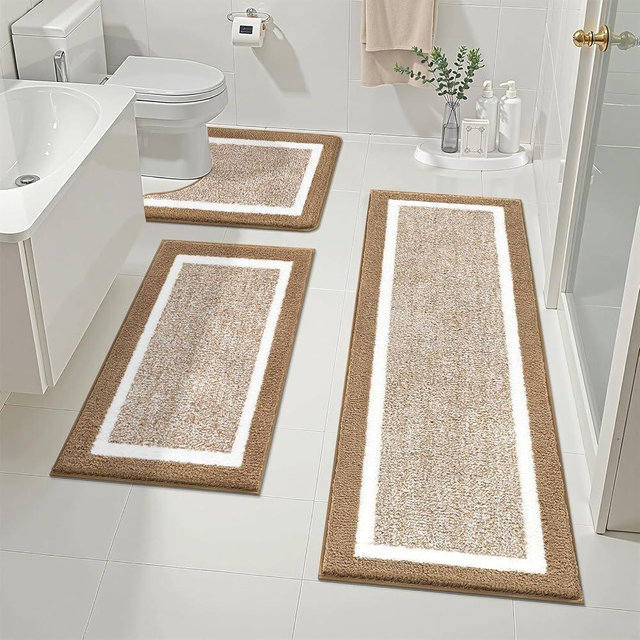 Pauwer Bathroom Rugs Sets 3 Piece Bathroom Shower Rugs with U-Shaped Contour Toilet Mat Absorbent Microfiber Plush Non Slip Bath Mats Machine Washable Shaggy Bath Floor Mat, Khaki