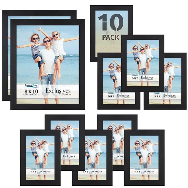 Icona Bay Combination Black Picture Frames Set - 10 PC (Five 4x6, Three 5x7, Two 8x10), Multi-Pack for Modern Wall Gallery, Exclusives Collection