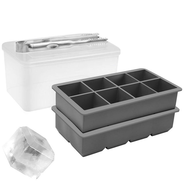 Bongpuda Silicone Ice Cube Tray With Storage Bin 2 Packs, 8 Cavity 2" Square Ice Cube Trays for Freezer, Large Ice Cube Molds For Whiskey And Cocktails With Forceps for Ice Cubes