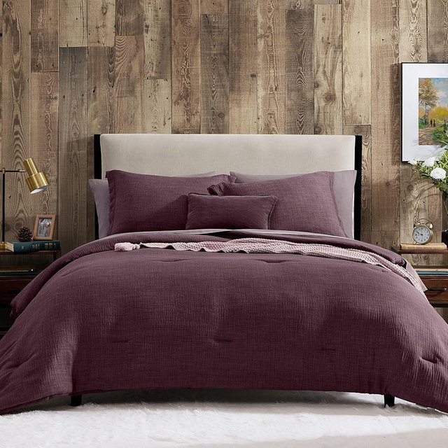 Geniospin Purple King Comforter Set - 7 Pieces Egglant Comforter King Size, Soft Solid Bedding Set for All Season, Textured Bed in a Bag with Sheets