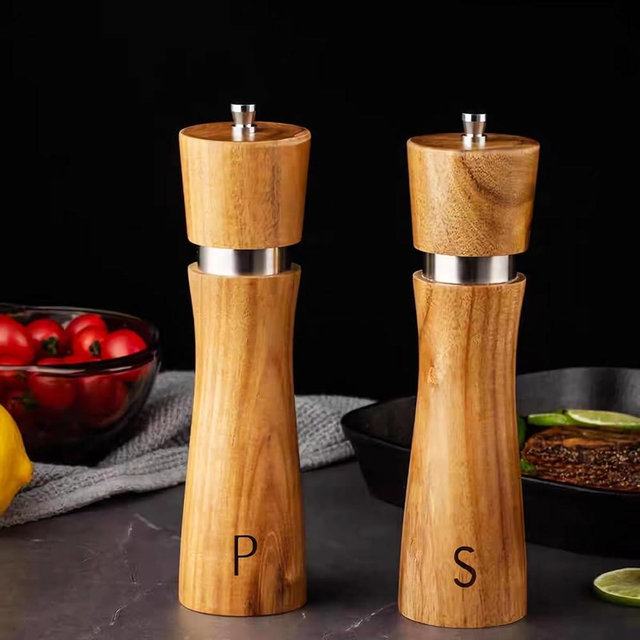 Salt and pepper grinder set 8 inches 2 pieces, made of elegant retro solid acacia wood, adjustable roughness, with stainless steel/ceramic core