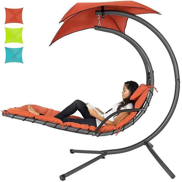 Best Choice Products Outdoor Hanging Curved Steel Chaise Lounge Chair Swing w/Built-in Pillow and Removable Canopy, Orange