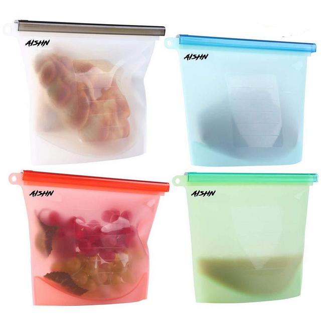 AISHN Reusable Silicone Food Storage Bags - Food Grade Safe - Fruits Vegetable Storage Bag,Longer Lasting Meal Snack Savers - Airtight Seal Bag for Freezer Preservation, Microwave- Set of 4