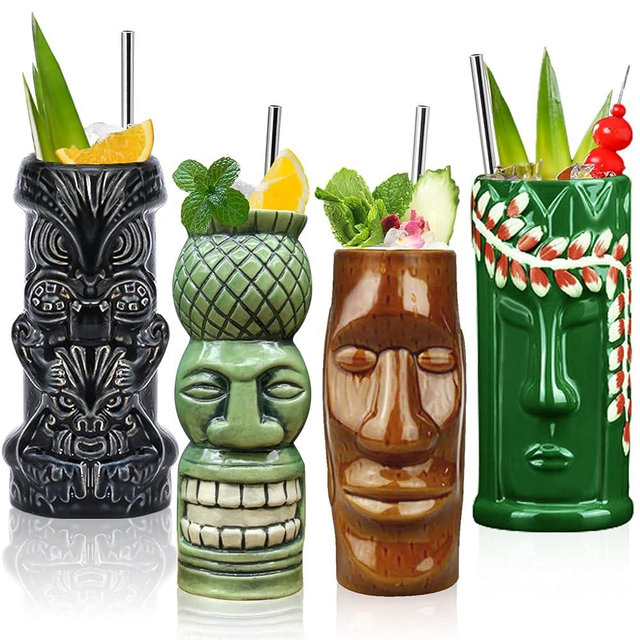 Tiki Mugs Cocktail Set of 4 - Large Ceramic Hawaiian Party Mugs Drinkware, Cute Exotic Cocktail Glasses, Tiki Bar Professional Hawaiian Party Barware, TKSET0012 (4 pack)