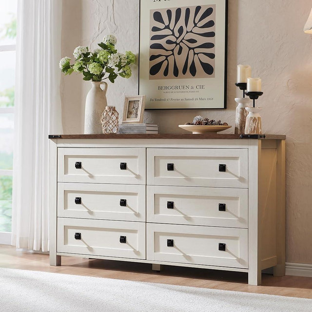 RedLemon 6 Drawer Dresser for Bedroom, Farmhouse 54 Inch Wide Rustic Wood Dresser TV Stand, Chest of Drawers for Closet, Living Room, Hallway, Antique White