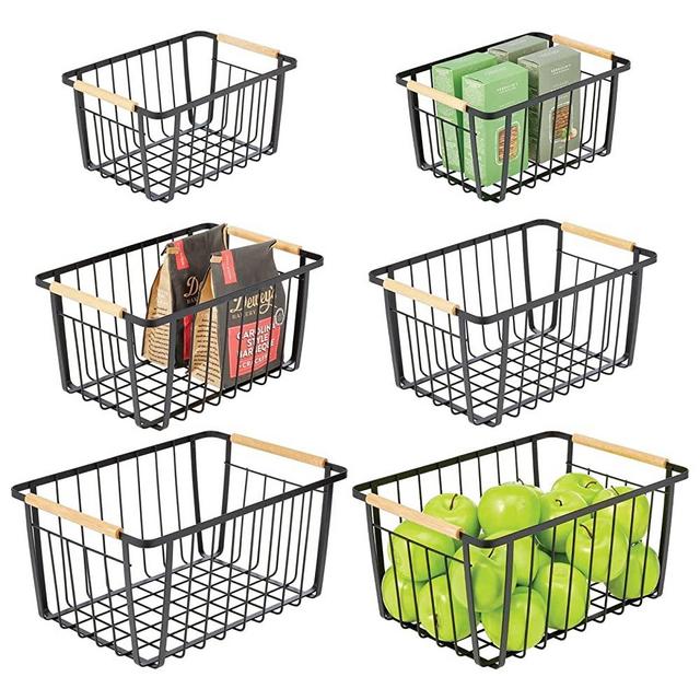 mDesign Farmhouse Decor Metal Wire Pantry, Home Organizer Storage Bin Basket - for Cabinets, Shelves, Countertops, Bathroom, Bedroom, Kitchen, Closet - Set of 6 - Matte Black/Wood Handles