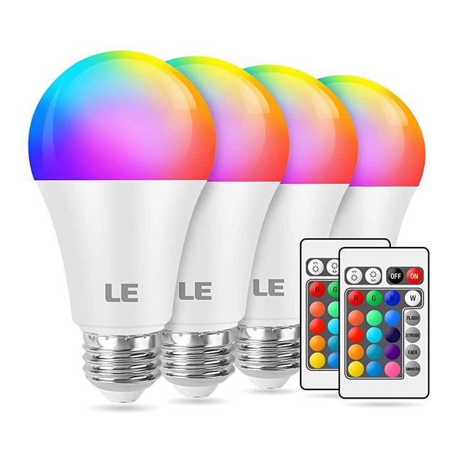 LE 9W Color Changing Light Bulbs with Remote, Dimmable LED Light Bulb, 60W Equivalent 806 Lumens Warm White, RGB Decorative Lighting for Home Bar Party Bedroom, A19 E26 Screw Base (4 Pack)