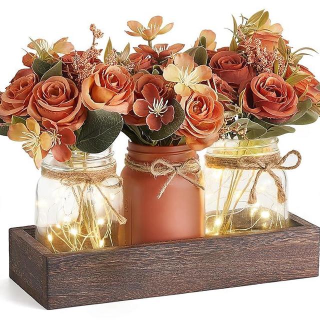 Mkono Mason Jar Lights Centerpiece Table Decorations for Dining Room Farmhouse Table Decor Tray with 3 Jars Flowers Christmas Centerpieces Winter Decor for Kitchen Living Dining Room