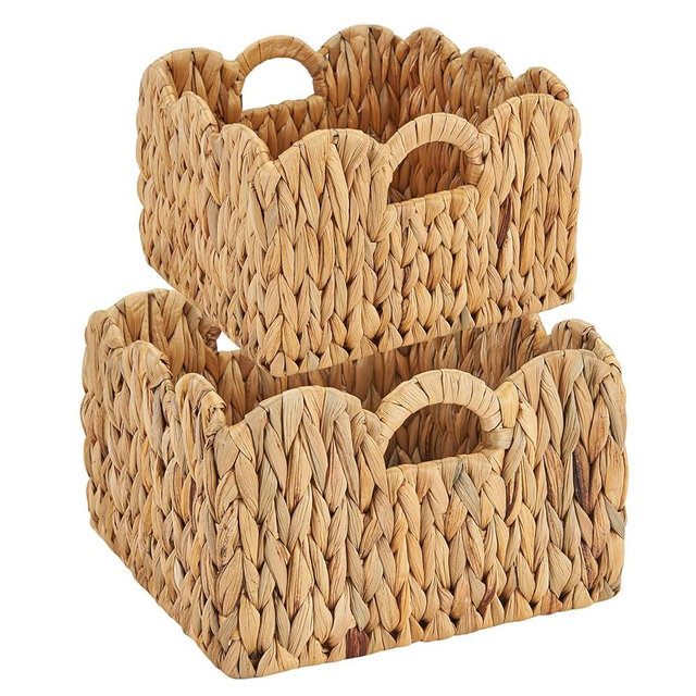 FairyHaus Wicker Basket 2Pack, Scalloped Wicker Storage Basket with Handles, Handwoven Natural Water Hyacinth Wicker Bakests for Storage, 11 x 11 x 7 & 9.45 x 9.45 x 6.5 (L+M)