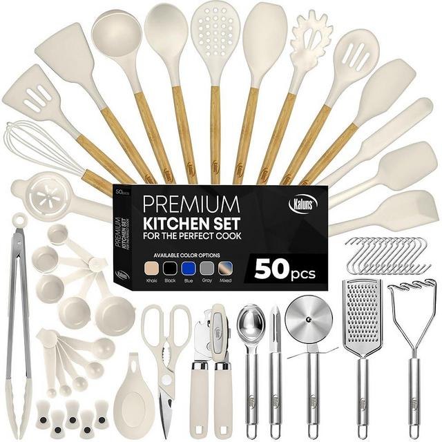Kaluns 50 PCS Silicone Kitchen Utensils Set Complete Kitchen Set - 800°F Heat Resistant Non-Stick Premium Silicone Cooking Utensils W Wooden Handles - Can Opener, Masher, Turner, Silicone Spatula Set