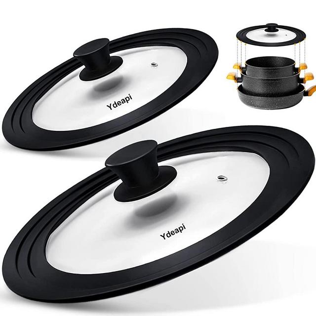 Ydeapi Universal Lids for Pots, Pans & Skillets - Fits 6.5", 7" & 8" Diameter, 9.5", 10" & 11" Diameter Cookware，Tempered Glass with High Heat Resistant Silicone Rim-2PK Cookware（2PK）