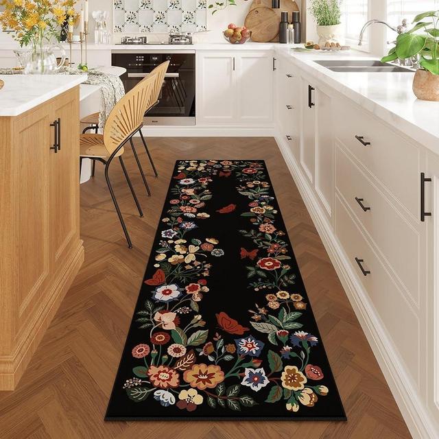 Vowkten Runner Rug for Kitchen 2'6"x8' Washable Rugs with Rubber Backing Soft Floral Insect Carpet Runner for Kitchen, Laundry, Bedroom, Bathroom (Black)