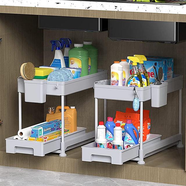 2 Pack Sliding Cabinet Basket Organizer Drawers, Multi-Purpose Under Sink Organizers and Storage for Bathroom Kitchen Under Bathroom Sink Organizer with Hooks The Bottom Can Be Pulled Out grey