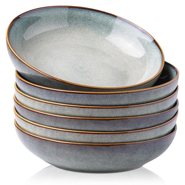 AmorArc 8.5'' Large Pasta Bowls, 36oz Ceramic Pasta Serving Bowls Set of 6 for Kitchen, Wide Bowls for Pasta,Salad,Oatmeal, Microwave Safe, Ocean Blue