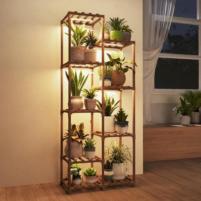 Bamworld Plant Stand with Grow Light Tall Plant Shelf for Mutiple Pots Large Wood Plant Holder Rack for Patio Living Room Balcony Warm Light