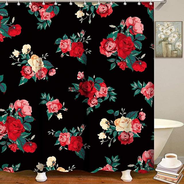 LIVILAN Floral Shower Curtain, Red Flowers Fabric Bathroom Curtains Set with Hooks Blossom Bathroom Decor 72x72 Inches Machine Washable