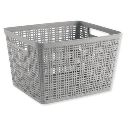 Large Plastic Wicker Storage Basket in Grey