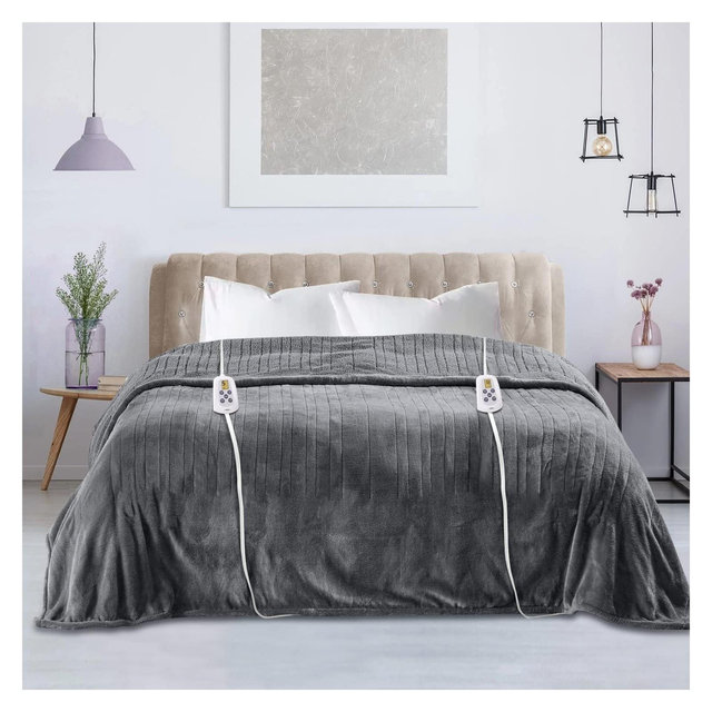 HEYNEMO Electric Heated Blanket King Size Dual Control, 10 Heating Levels 89°F-108°F, 1-12H Auto Off,Warm Heated Blanket Grey