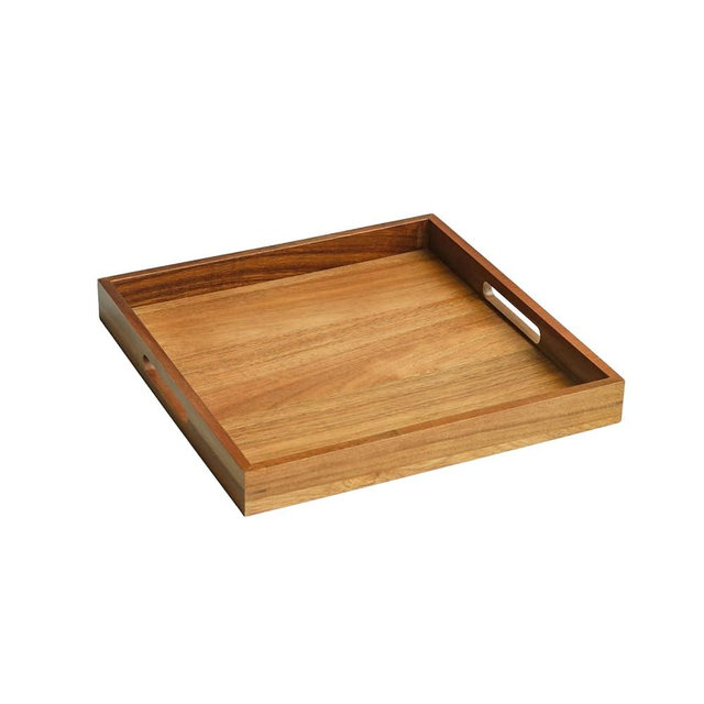 13 inch Acacia Wood Square Serving Tray, Decorative Platter with Handles, for Breakfast in Bed, Coffee Table, Appetizers, Snacks or Home Decor