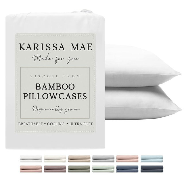 KARISSA MAE Cooling Bamboo Viscose Queen Pillowcase Set | 100% Organically Grown | Luxuriously Soft & Silky | Breathable & Gentle on Sensitive Skin | Set of 2 [White]