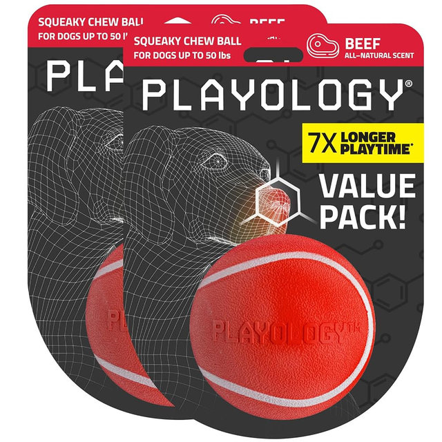 Playology Dog Toys | Squeaky Chew Ball for Dogs, Value 2-Pack | Beef Scented Medium Dog Balls | Bouncy Floating Chew Toys for Fetch