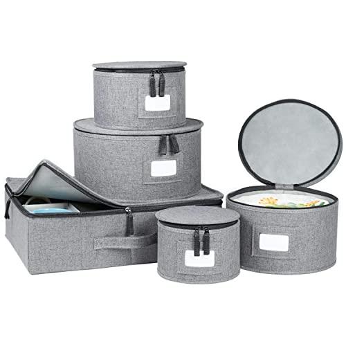 China Storage Set, for Dinnerware Storage and Transport, Protects Dishes, Cups and Mugs, Felt Plate Dividers Included (Cream)