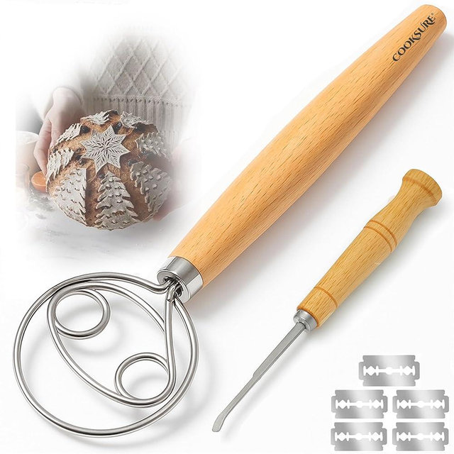 COOKSURE Danish Dough Whisk & Bread Lame Set for Sourdough Bread – Wooden Handle Dough Whisk Mixer and Bread Scoring Tool, Artisan Sourdough Baking Tools & Bread Baking Supplies