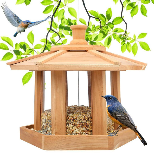 Liawm Wooden Bird Feeder for Outdoors Hanging, Red Cedar Hexagon Shaped Large Capacity, Cardinal Birdfeeder for Garden Decoration Yard, Weatherproof and Durable(Large)