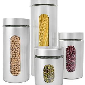 Estilo 4 Piece Brushed Stainless Steel and Glass Canisters with Window, Silver