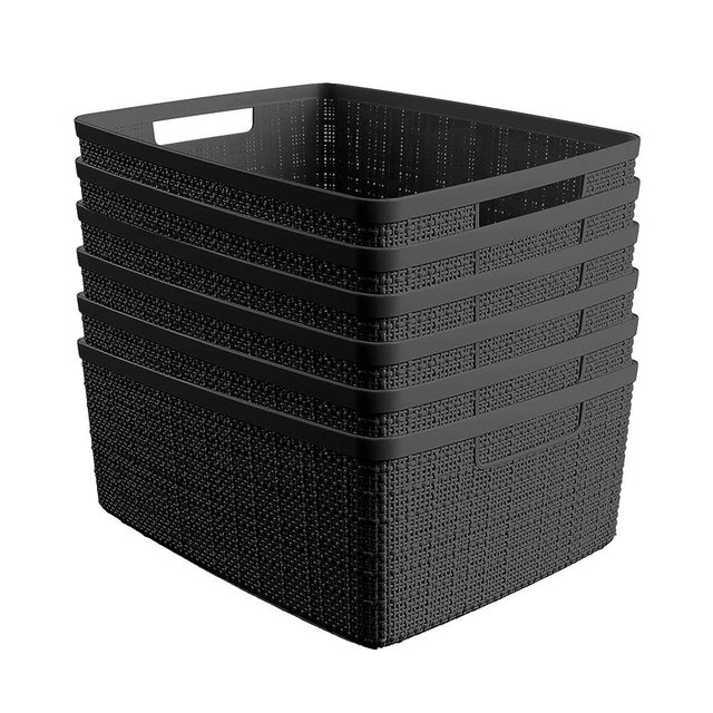 Curver Set of 6 Jute Medium Decorative Plastic Organization and Storage Baskets Perfect Bins for Home Office, Closet Shelves, Kitchen Pantry and All Bedroom Essentials, Black