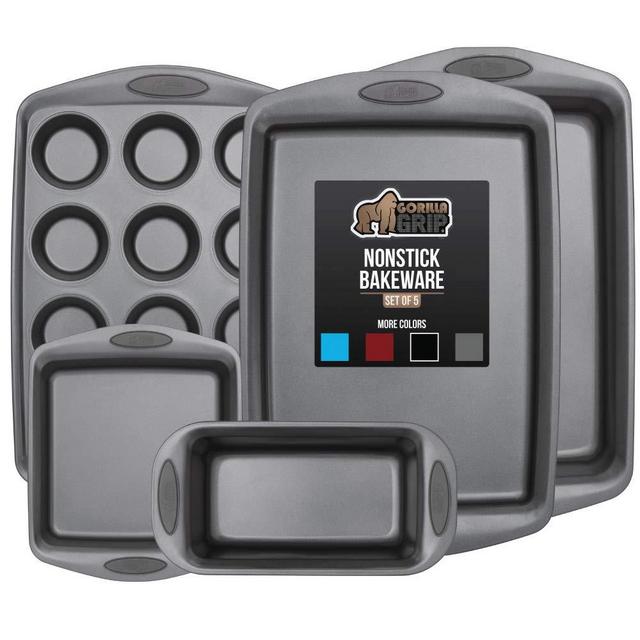 Gorilla Grip Original Kitchen Bakeware Sets, 5 Piece Baking Set with Silicone Handles, Includes 1 Large Size Cookie Sheet, 1 Roaster Pan, 1 Square Baking Pan, 1 Loaf Pan, One 12 Cup Muffin Pan, Gray