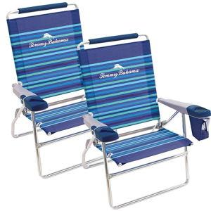 Tommy Bahama Set of 2 Highboy 4 Position Beach Chairs 15 Inch Seat Height with Cupholder, Side Storage Pouch and Mobile Phone Holder