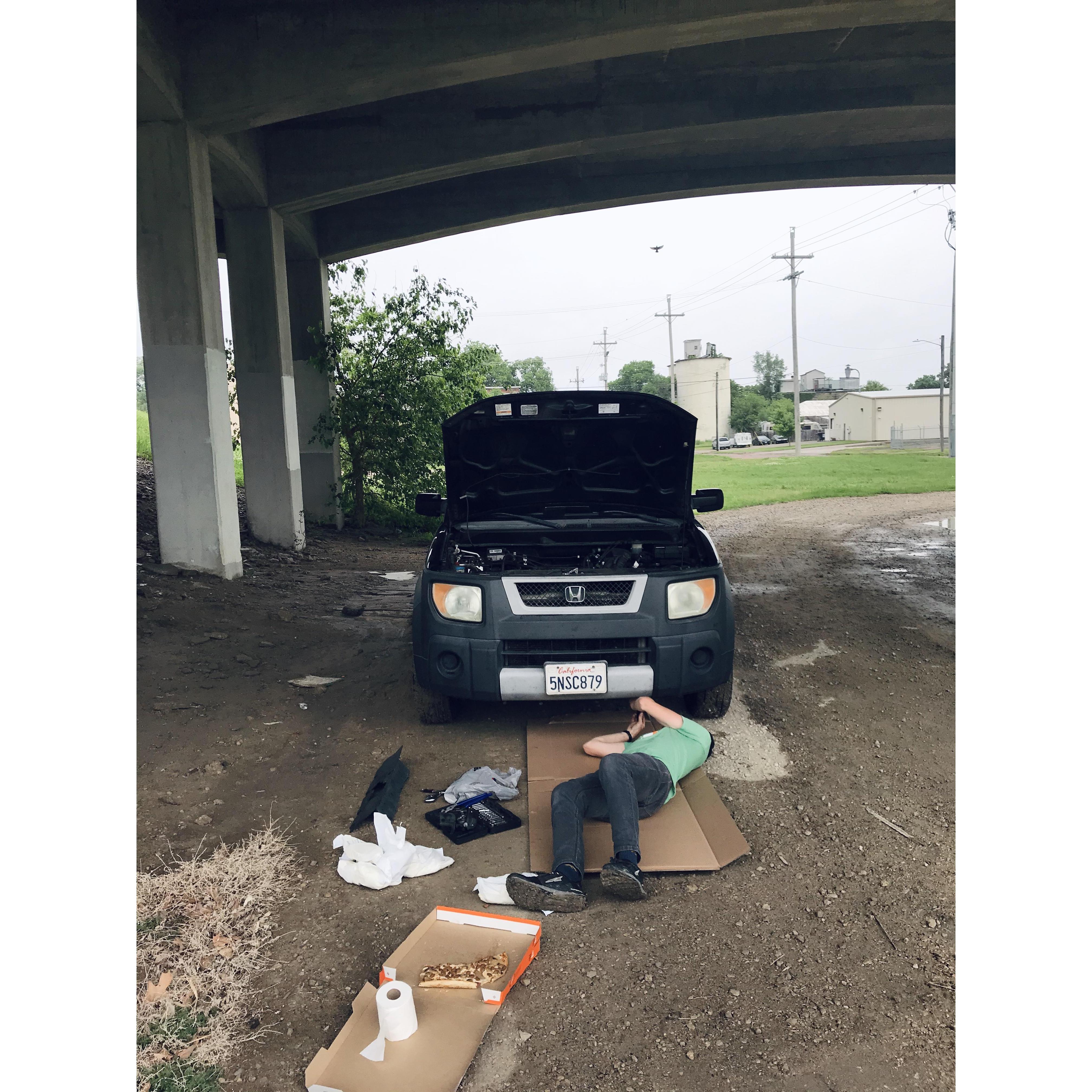 This guy must really love her..... 
After an epic cross-country trip, Joy's car breaks down (for the first of many times) in Kansas.