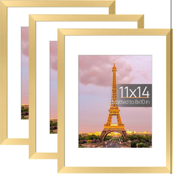 upsimples 11x14 Picture Frame Set of 3, Made of High Definition Glass for 8x10 with Mat or 11x14 Without Mat, Wall and Tabletop Display Photo Frames, Gold