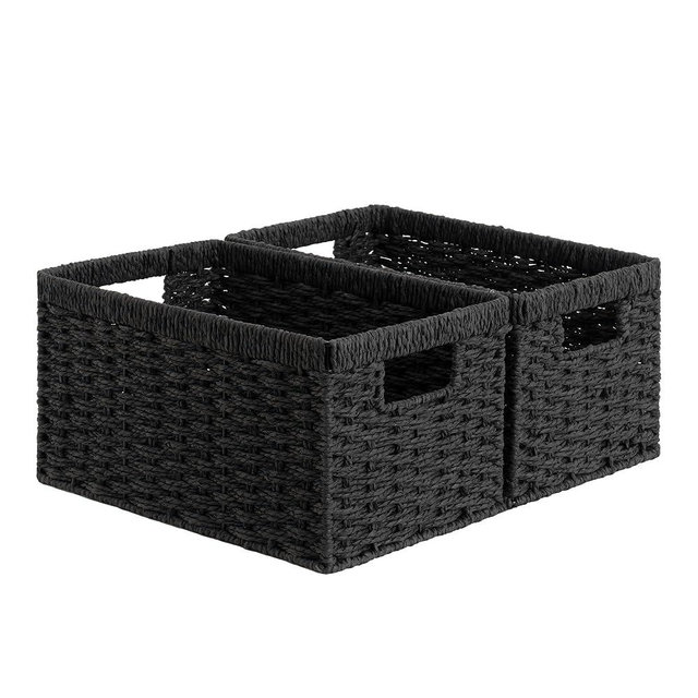 StorageWorks Pantry Baskets, Wicker Storage Baskets for Organizing, Bathroom Shelves, Pantry Organizers and Storage, Medium, Black, 2-Pack