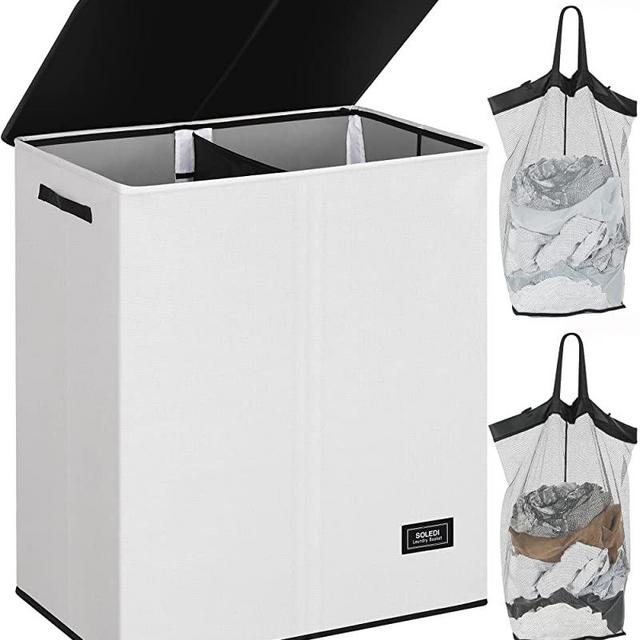 SOLEDI Double Laundry Hamper with Lid and Removable Laundry Bags - 145L Large Hamper for Laundry - Laundry Basket 2 Sections - Collapsible Laundry Baskets for Bedroom, Laundry Room, Bathroom, College