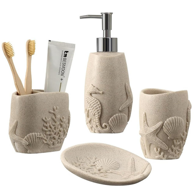 Haocoott Bathroom Accessories Set, 4 PCS Bathroom Accessory Sets with Soap Dispenser, Toothbrush Holder, Tumbler, Soap Dish, Bathroom Countertop Organizer, Sea Bathroom Decor (Beige)
