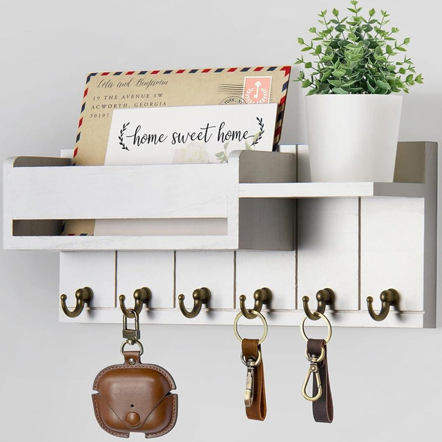 RelaxScene Key Holder Wall Mount - Decorative Key Rack and Mail Organizer with 6 Key Hooks - Wooden Key Hanger with Shelf for Living Room Decor - Rustic Farmhouse Home Entryway Aesthetic Essentials