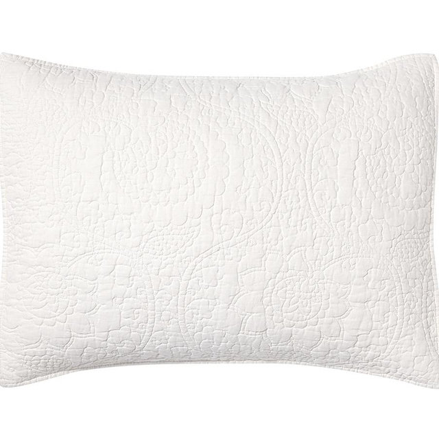 White Belgian Flax Linen Floral Stitch Standard Shams, Set of 2