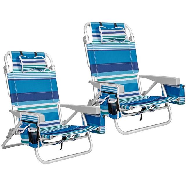 sunspire 2 Pack 5-Position Aluminum Backpack Beach Chair Classic Lay Flat Folding Chairs, with Cooler Bag, Cup Holder for Beach Sport Lawn Picnic, Foldable Camping Chairs Blue Stripes
