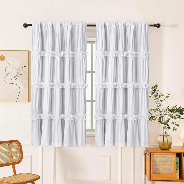 Homechoice Decor Thermal Insulated Blackout Window Curtains, 42" W x 63" L (Pair), Boho Ruched Window Treatments with 3 Rows of Butterfly Flowers, Rustic Rod Pocket Drapes for Room, White (LQ-30)