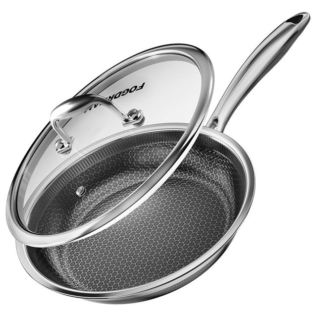FogDream Non Stick Frying Pans, 12 Inch Stainless Steel Skillet with Tempered Glass Lid Tri-Ply Stainless Steel for All Cooktops, Dishwasher & Oven-Safe Cooking Pan, Stay-Cool Handle, Silver