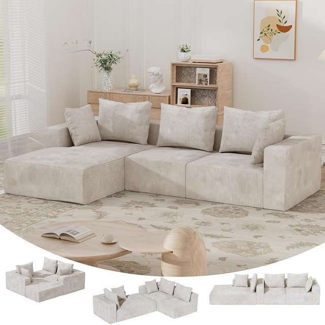 102 inch Modular Sectional Sofa Couch,Cloud Boneless Couches for Living Room,No Assembly Required,Comfy Fluffy Corduroy Couch with Deep Seat L-Shaped Chaise (Beige,Corduroy)