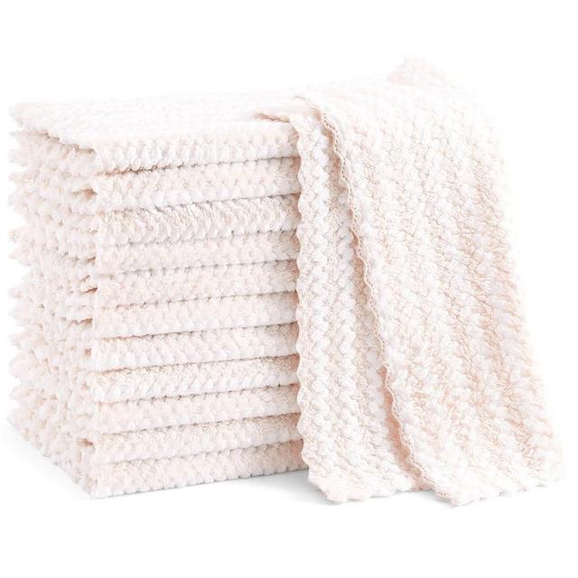 Homaxy 12 Pack Kitchen Dish Cloths, Ultra Soft and Absorbent Dish Towels, Reusable Fast Drying Microfiber Cleaning Cloth, Coral Velvet Wave Design Non-Linting, 10 x 10 inches, Beige