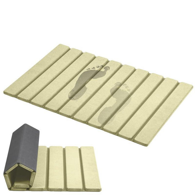 AWW Foldable Stone Bath Mat, Super Absorbent Diatomite, Non-Slip Quick Drying Mat, Compact, 23.6 x 15.5 Inch, Beige
